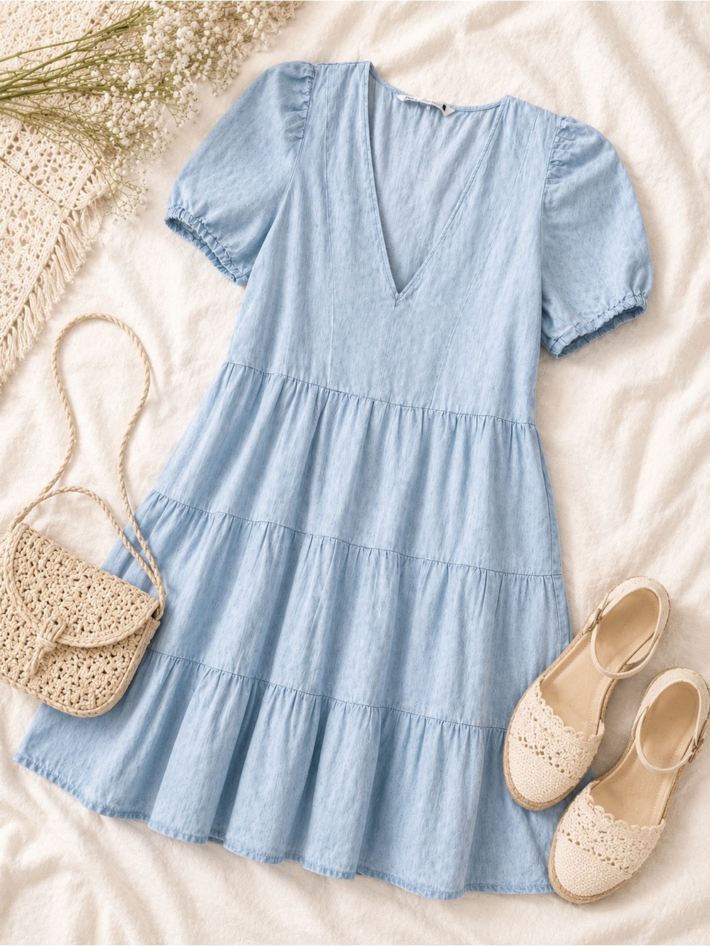 Zara Light Blue Tiered Puff Sleeve Mini Dress XS - Picture 4 of 4